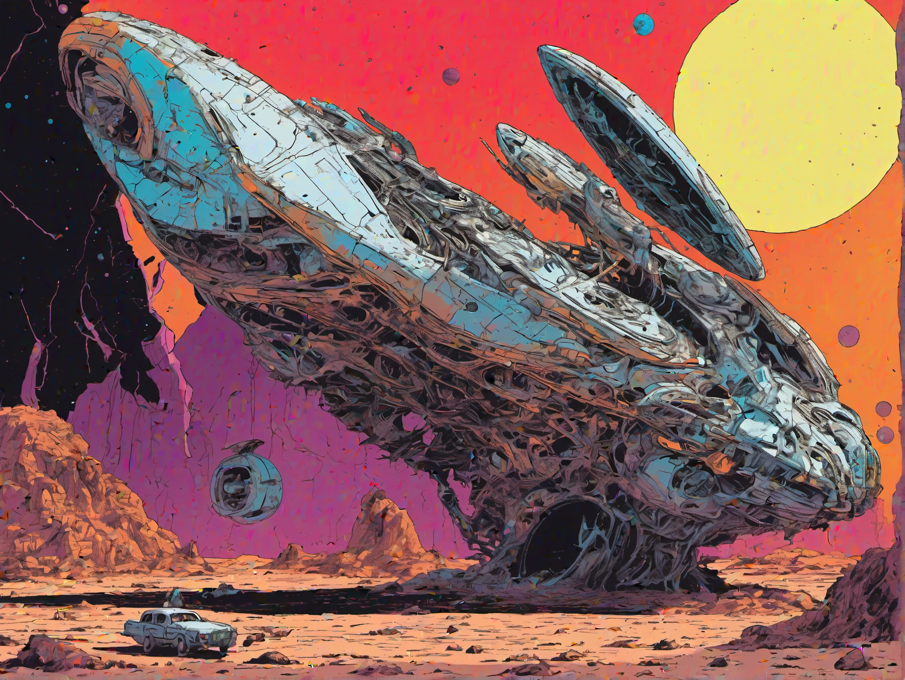 Futuristic spaceship on a desert planet with a colorful sky